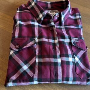 Burgundy, Black and white Dixxon Flannel. Size XL. Worn once. No tag.